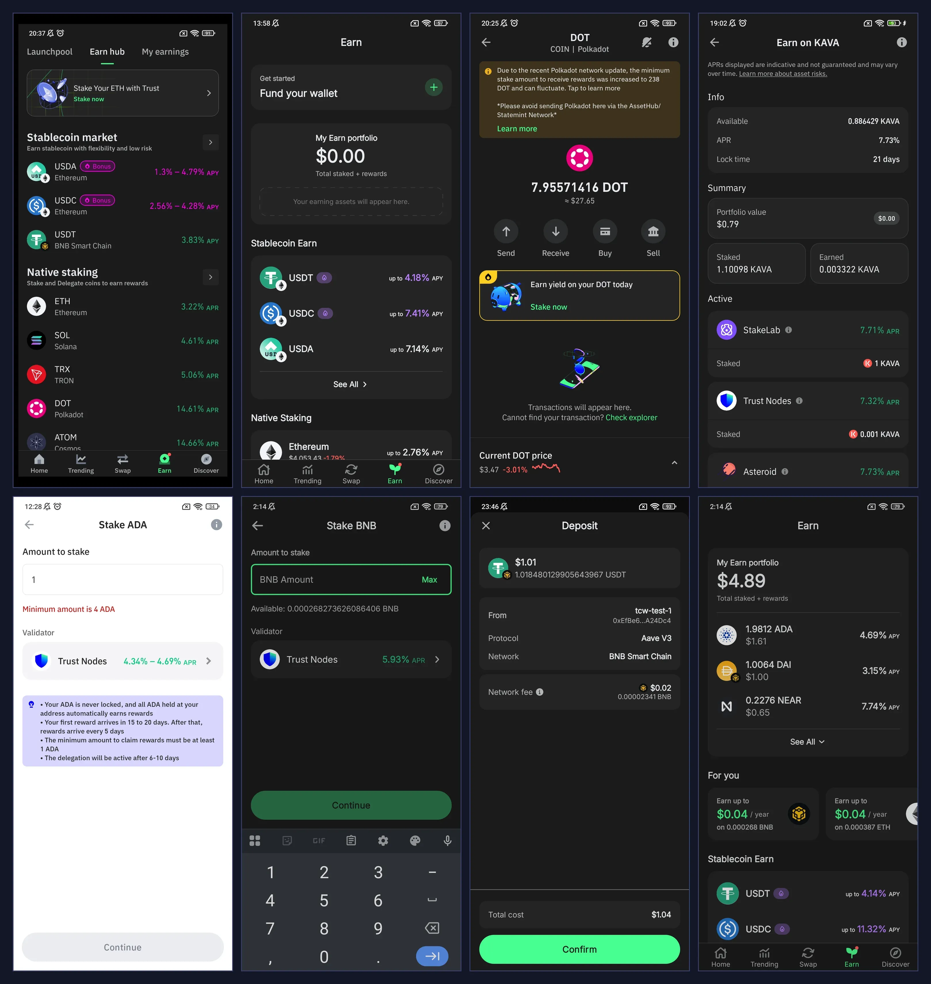 Eight screens of the Trust Wallet Earn feature: the Earn hub listing stablecoin and native staking rates, an empty Earn portfolio, a DOT asset page offering staking, the Earn on KAVA detail with active validators, the Stake ADA form showing a minimum-amount validation error, the Stake BNB form with the amount keypad open, a deposit confirmation routed through Aave V3, and a funded Earn portfolio.